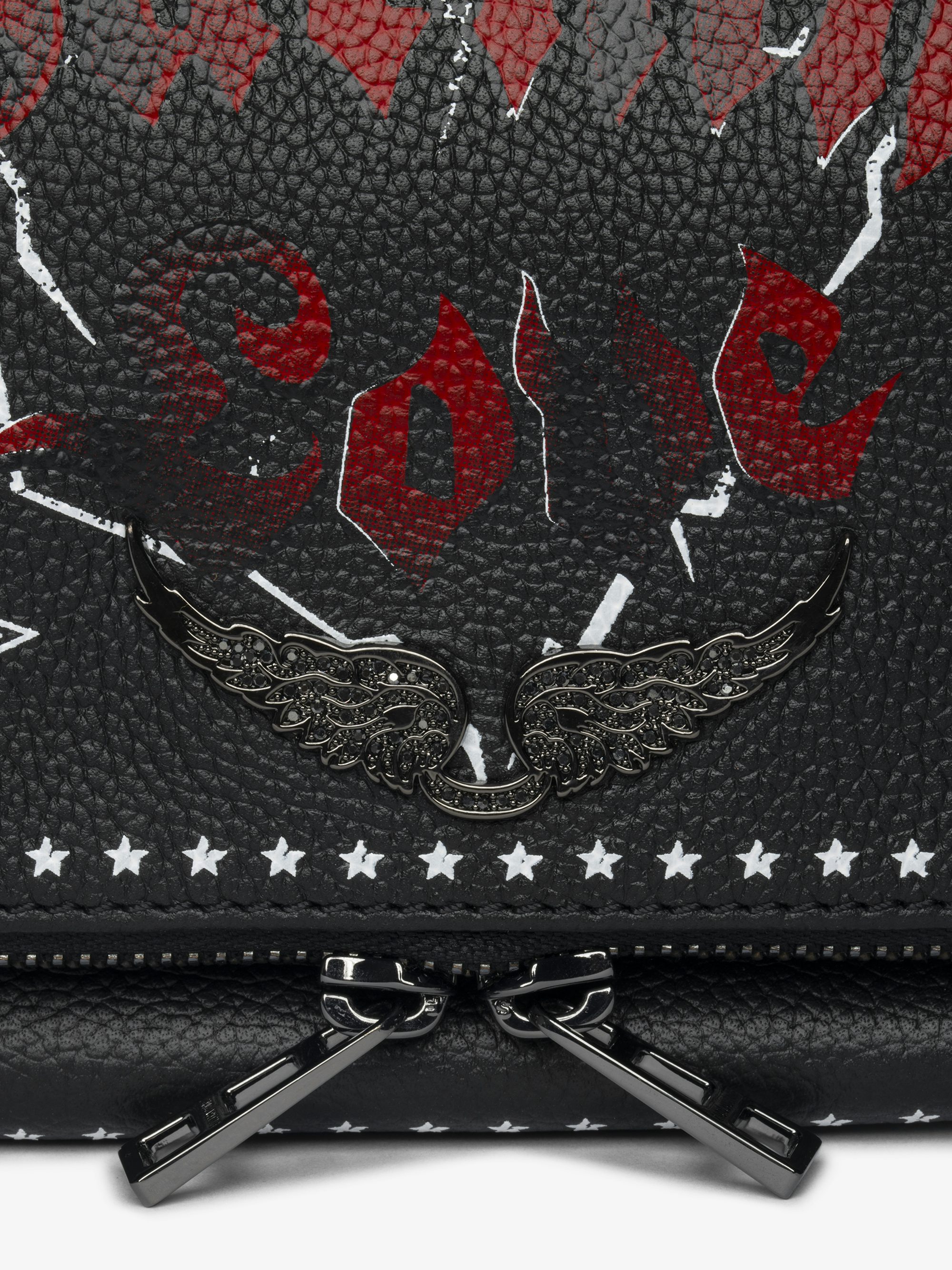 Rock Punk Clutch - Punk grained leather clutch with double leather and metal chain and rhinestone-embellished wings.